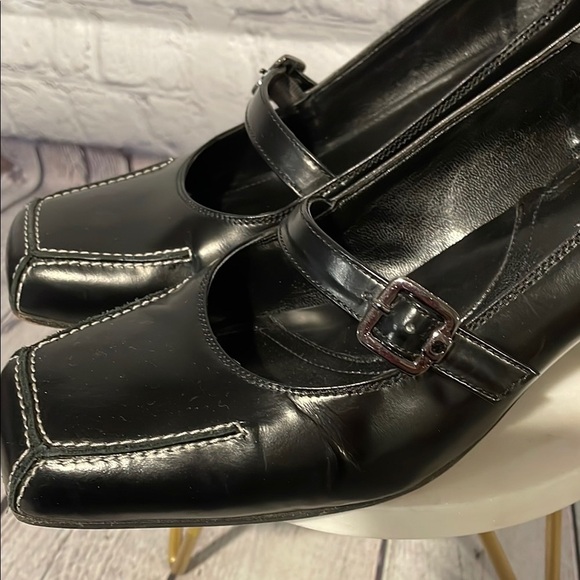 Via Spiga Black Leather Square Toe Mary Jane Heels Sz 7.5 - Picture 7 of 7